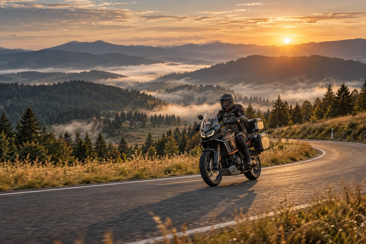 Motorista en una carretera de montaña con curvas al amanecer — ilustración con IA